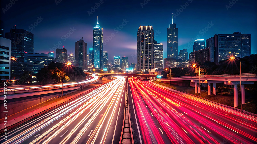 Obraz premium Cityscape at night with light trails from traffic representing urban life and fast-paced city movement