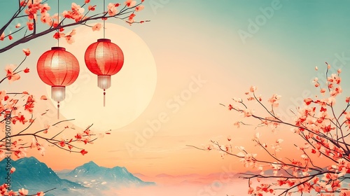 Peach blossoms, lanterns, mountain sunset. Festive Asian scene. Ideal for greeting cards, calendars, websites