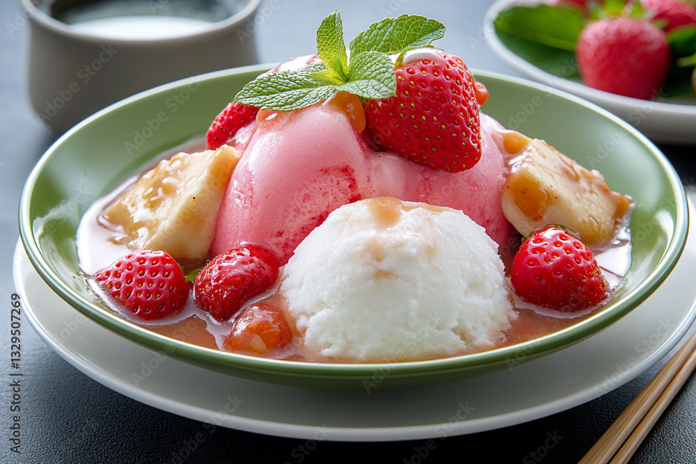 korean bingsu, with strawberries on top of white cream and pink ice in a bowl with a green rim korean bingsu, with strawberries on top of white cream and pink ice in a bowl with a green rim