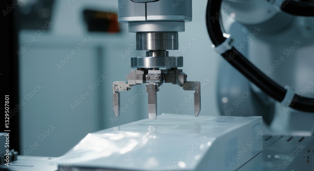 Close-up of industrial robot arm with precision gripper in a manufacturing setting Close-up of industrial robot arm with precision gripper in a manufacturing setting