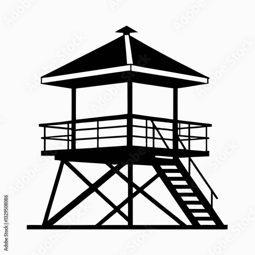 A black and white illustration featuring a lifeguard tower vector silhouette