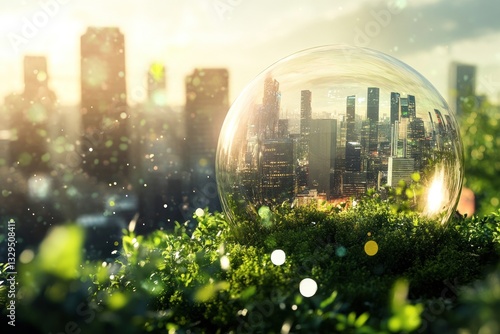Urban skyline within a glass sphere on greenery