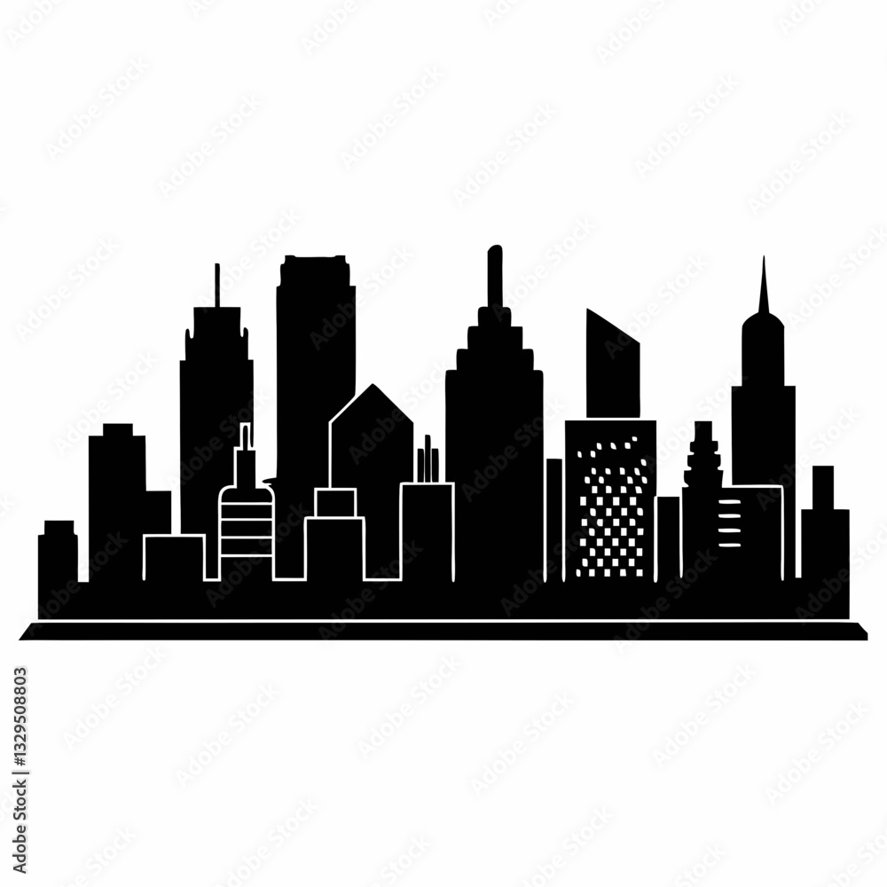 Naklejka premium A flat, black and white cityscape illustration with a collection of various skyscrapers and other architectural elements