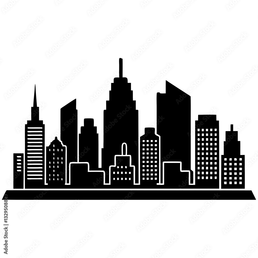 Obraz premium A flat, black and white cityscape illustration with a collection of various skyscrapers and other architectural elements