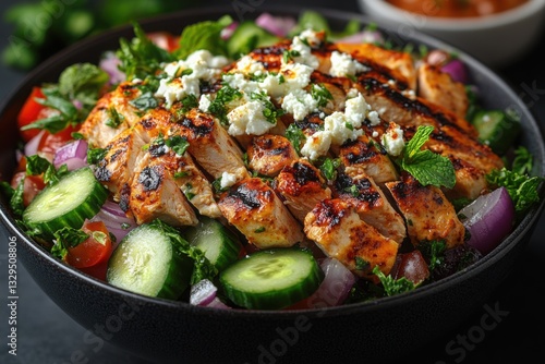 Grilled chicken salad with fresh vegetables herbs and cheese crumbles served in a bowl