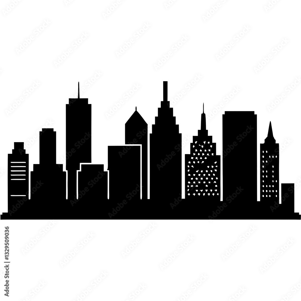 Fototapeta premium A flat, black and white cityscape illustration with a collection of various skyscrapers and other architectural elements