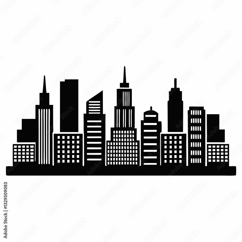 Naklejka premium A flat, black and white cityscape illustration with a collection of various skyscrapers and other architectural elements