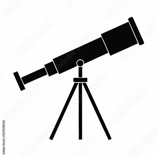 A flat, black and white illustration featuring a telescope on a tripod stand
