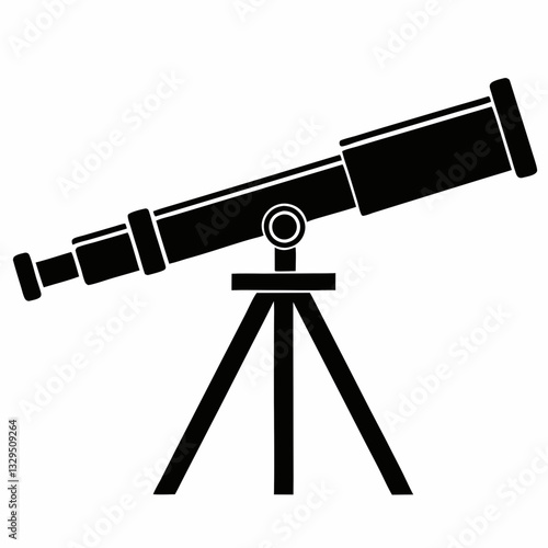 A flat, black and white illustration featuring a telescope on a tripod stand