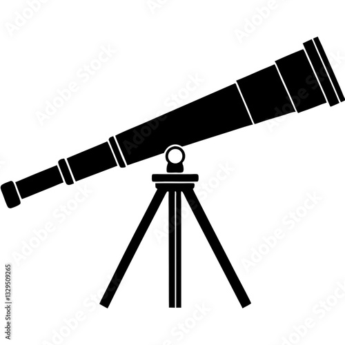 A flat, black and white illustration featuring a telescope on a tripod stand