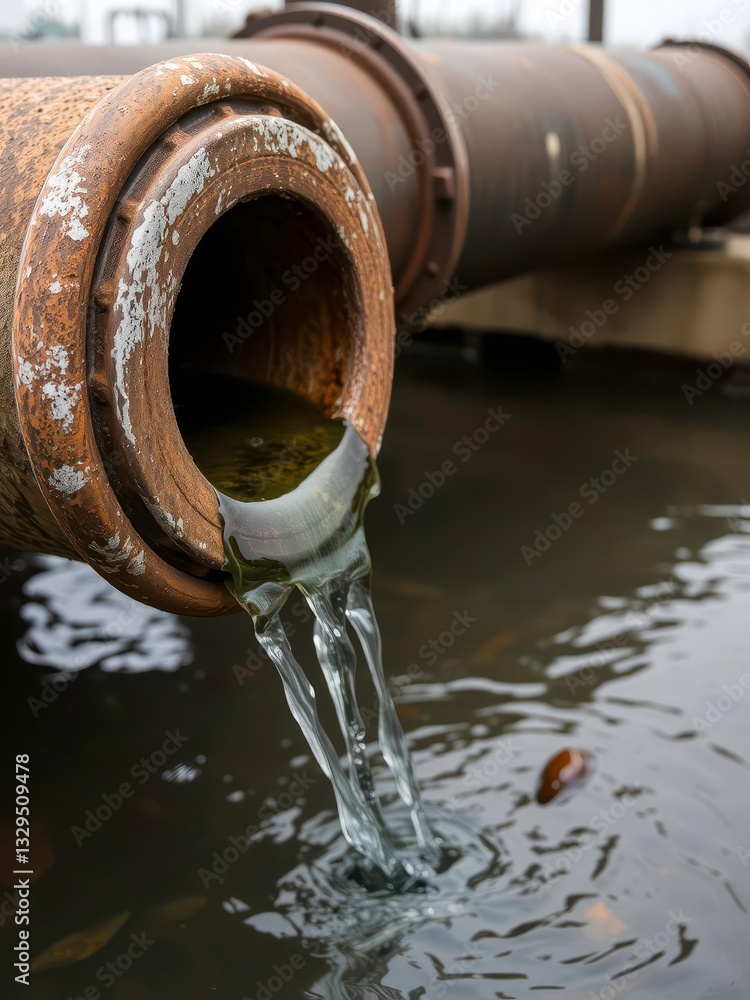 Weathered Industrial Pipe with a Hole Draining Polluted Water into Murky Stream Weathered Industrial Pipe with a Hole Draining Polluted Water into Murky Stream