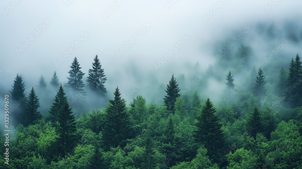 Mystical Forest Canopy: A dense forest, enveloped in a tranquil veil of morning fog, with the evergreen trees piercing the mist, creating a tranquil and surreal landscape. Mystical Forest Canopy: A dense forest, enveloped in a tranquil veil of morning fog, with the evergreen trees piercing the mist, creating a tranquil and surreal landscape.