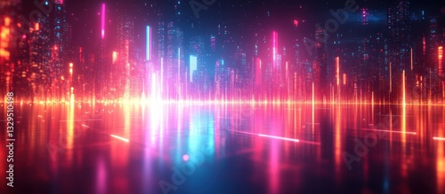 Wallpaper Mural Futuristic city skyline reflected in a glowing, neon-lit surface. Torontodigital.ca