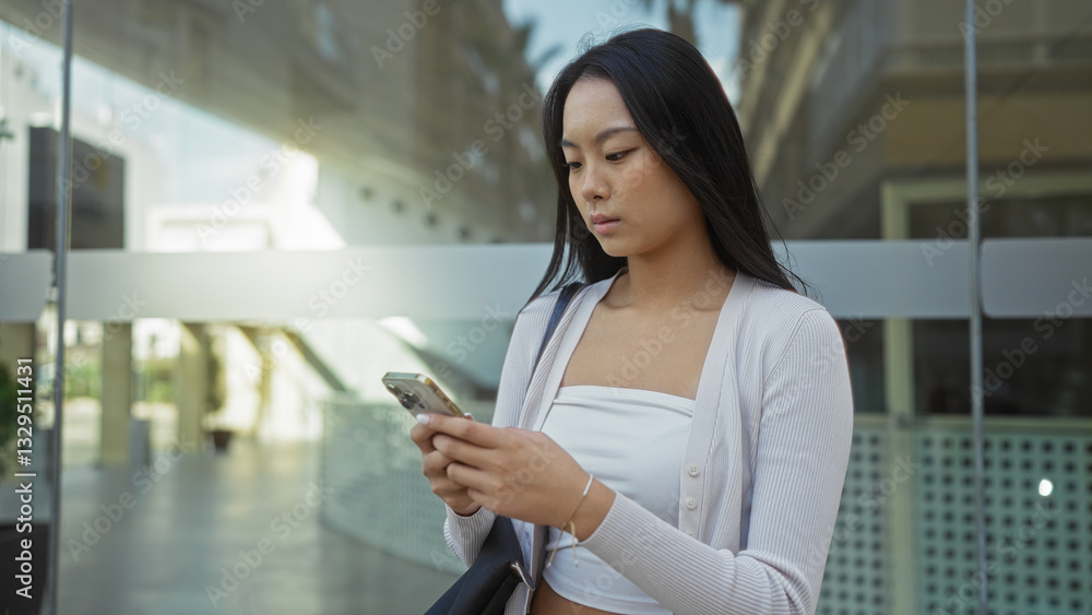 Young, chinese, woman looking at phone while standing on a city street Young, chinese, woman looking at phone while standing on a city street