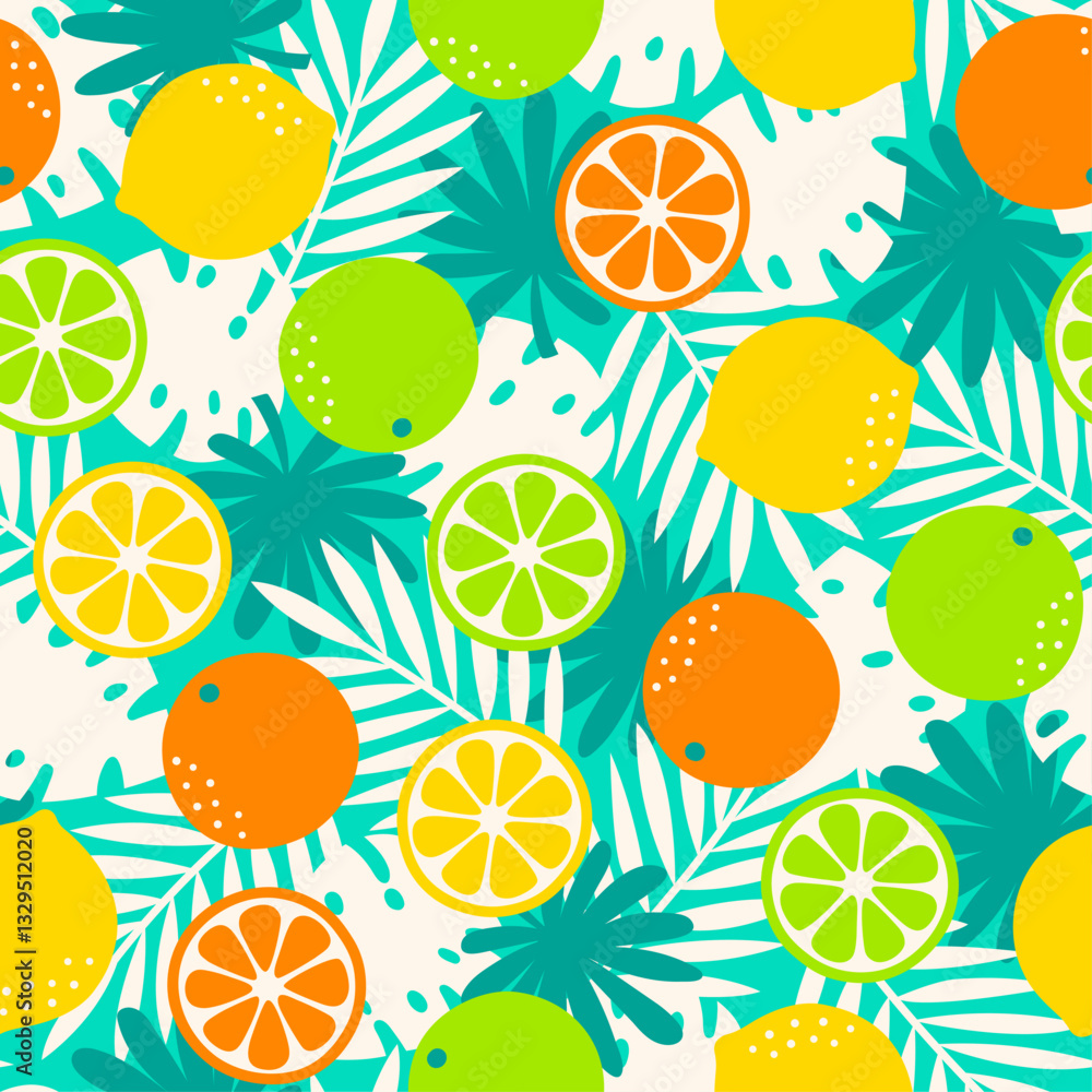 Colorful citrus fruit and tropical leaf seamless pattern design for summer holidays background. Colorful citrus fruit and tropical leaf seamless pattern design for summer holidays background.