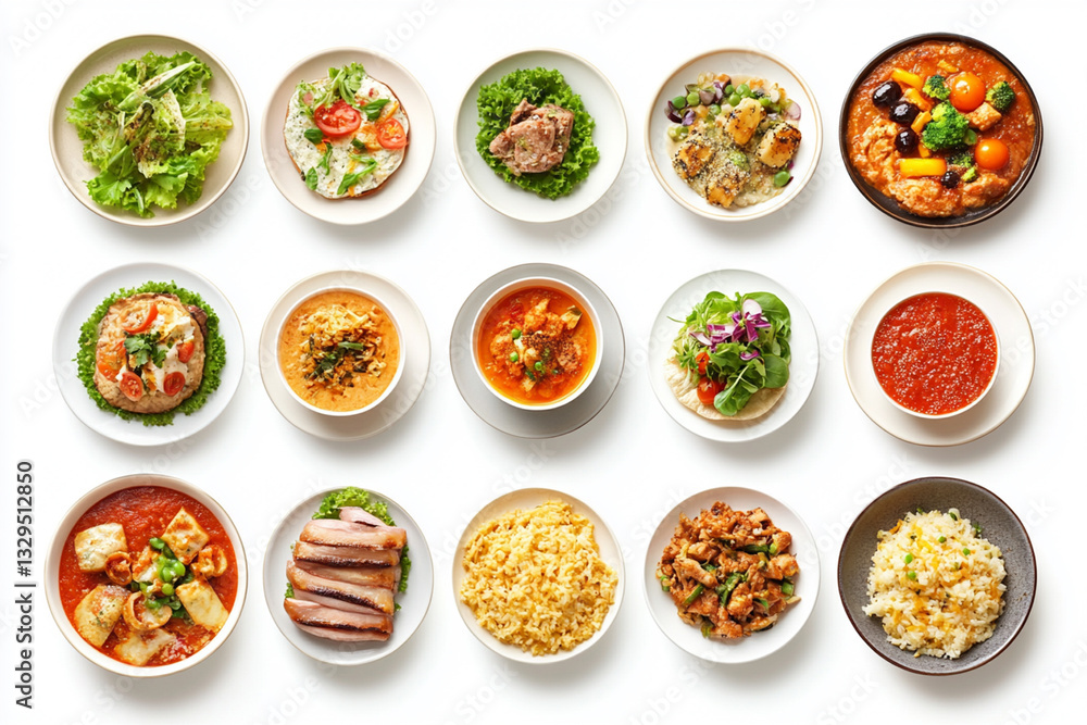 Set of different food plates isolated on white background, top view Set of different food plates isolated on white background, top view