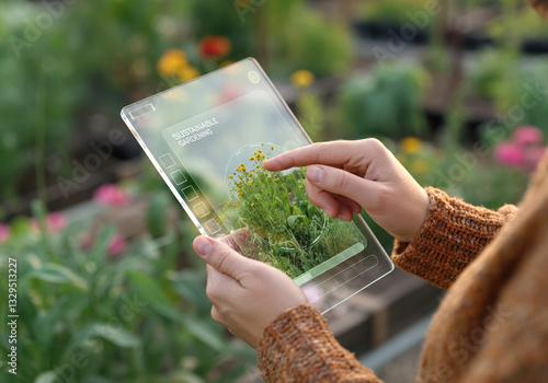 Female hands interact with transparent futuristic tablet in garden