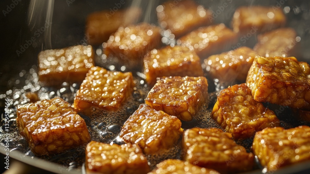 A close-up of tempeh being tossed into a hot pan, the edges turning golden brown and crispy as it cooks. A close-up of tempeh being tossed into a hot pan, the edges turning golden brown and crispy as it cooks.