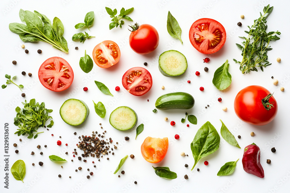Top view of various fresh vegetables and herbs isolated on white Top view of various fresh vegetables and herbs isolated on white