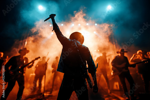 Silhouette of male rock singer and band performing on stage with fiery lights, music festival