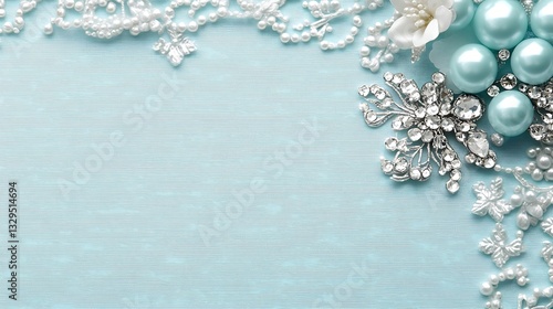 Elegant jewels and pearls adorn a soft blue textured surface