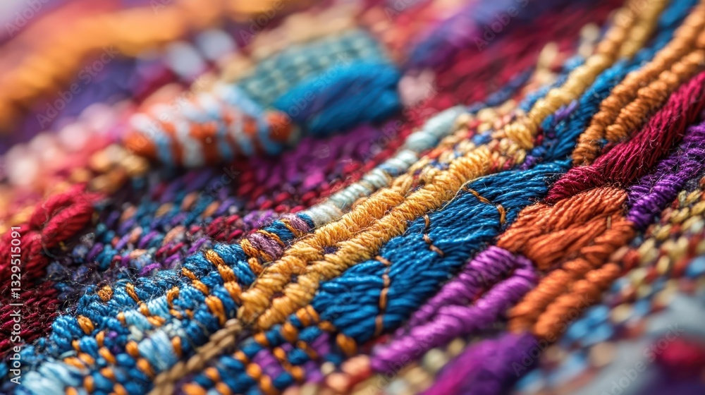 Detailed close up view of textured colorful embroidered fabric Detailed close up view of textured colorful embroidered fabric