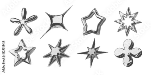 Y2k 3d chrome halftone stars shape retro abstract elements vector illustration set. Chrome silver 3d metallic halftone semitone retro effect collection. Y2k space various star retro futuristic shapes.