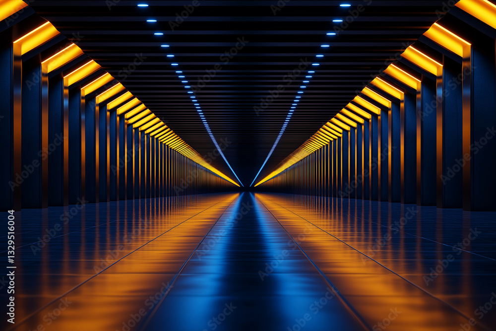 Fototapeta premium long corridor with abstract lighting creates futuristic atmosphere, featuring blue and orange lights reflecting on polished floor
