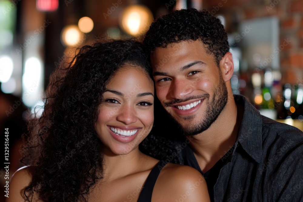This delightful image captures a couple sharing radiant smiles in a cozy bar, symbolizing togetherness and joy while enjoying each other’s company in a vibrant atmosphere. This delightful image captures a couple sharing radiant smiles in a cozy bar, symbolizing togetherness and joy while enjoying each other’s company in a vibrant atmosphere.