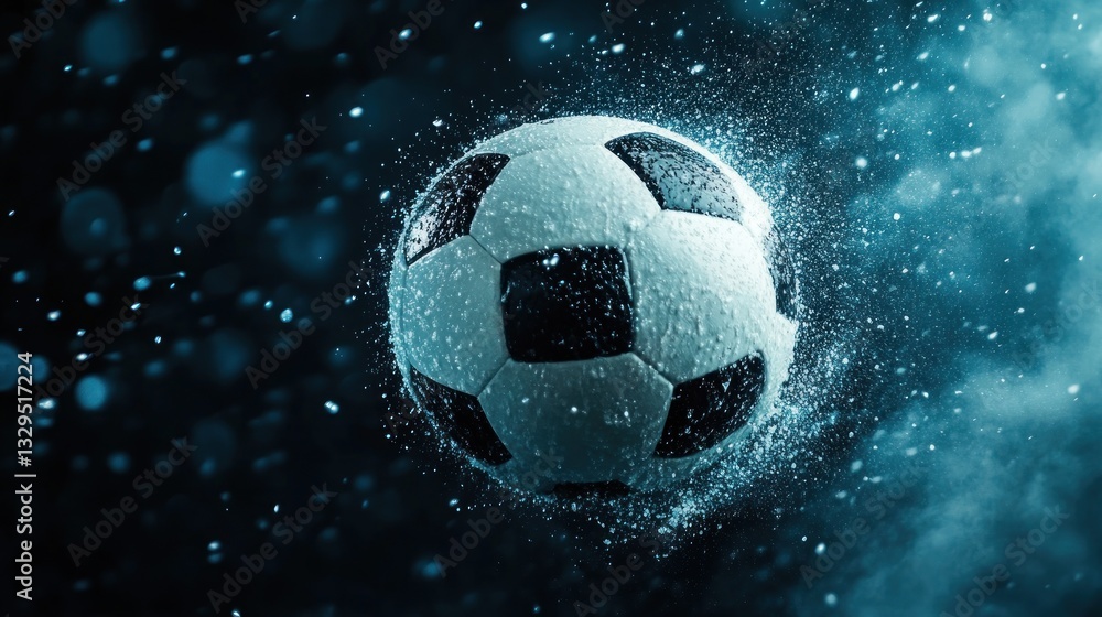 Naklejka premium Dynamic Soccer Ball in Aqua Splash: A Thrilling Visual