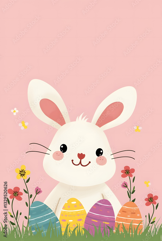 Fototapeta premium Adorable Easter Bunny Surrounded by Vibrant Painted Eggs and Fresh Spring Blooms on a Soft Pink Background – Festive Easter Greeting Card