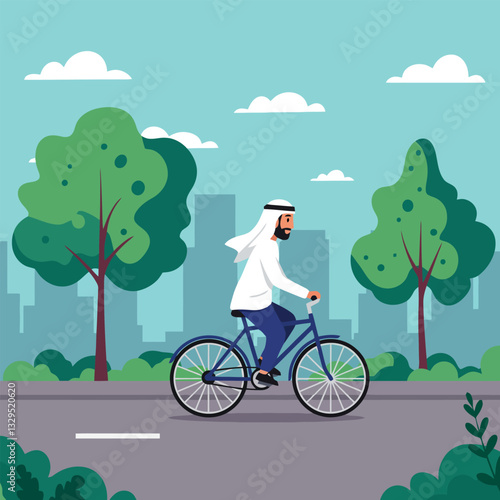 Man Cycling in City Park with Buildings and Green Trees
