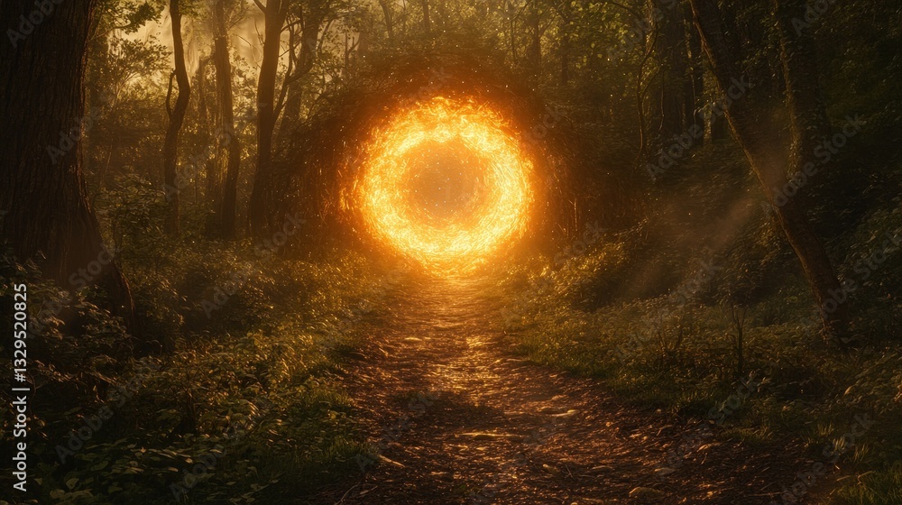 A dark, twisting forest path leading to a glowing portal, crackling with ancient energy, waiting for the chosen traveler A dark, twisting forest path leading to a glowing portal, crackling with ancient energy, waiting for the chosen traveler