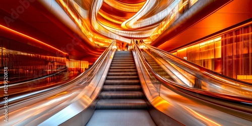 A stunning escalator in a modern setting. The design features warm amber tones and smooth lines. A blend of art and architecture. Perfect for showcasing contemporary spaces. AI