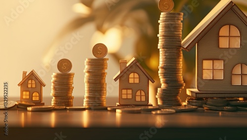 Rising home costs; miniature houses on coin stacks; financial market trends; investment opportunities photo