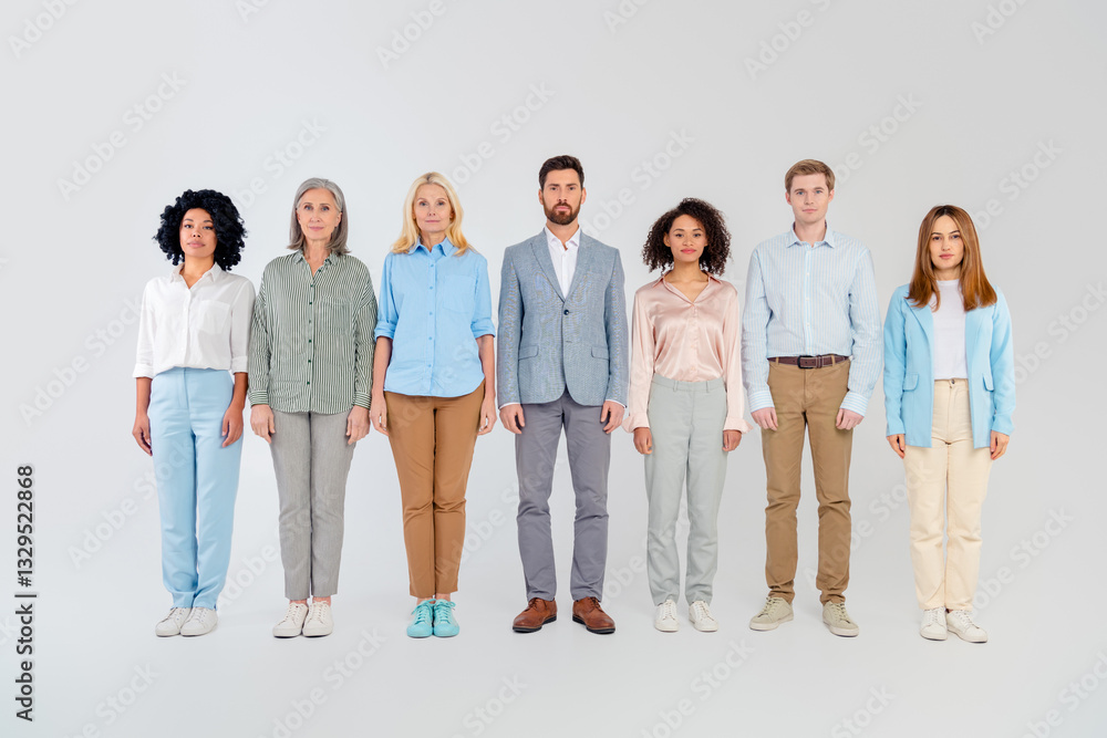 Diverse group of professionals standing in formal attire against a neutral gray background Diverse group of professionals standing in formal attire against a neutral gray background