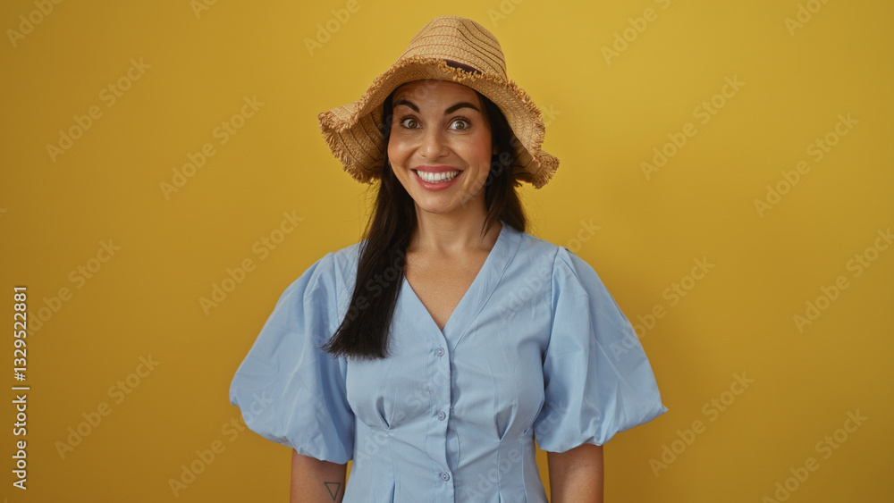 Beautiful young hispanic woman stands joyfully against a vibrant yellow wall wearing a stylish summer hat and a blue dress with puff sleeves Beautiful young hispanic woman stands joyfully against a vibrant yellow wall wearing a stylish summer hat and a blue dress with puff sleeves