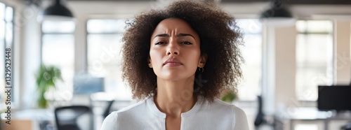 Serious woman in office, focused expression