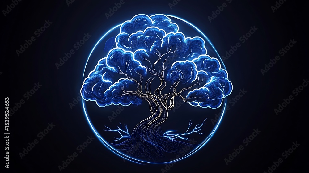Obraz premium Glowing Blue Bonsai Tree: A Digital Illustration in Dark Space AI Generated