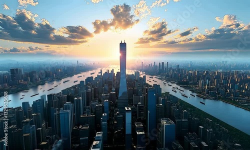 American city with skyscrapers and down town aerial view at sunset