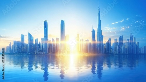 Stunning Sunrise over Dubai Skyline Reflected in Calm Waters A Breathtaking View of Modern Architecture at Dawn
