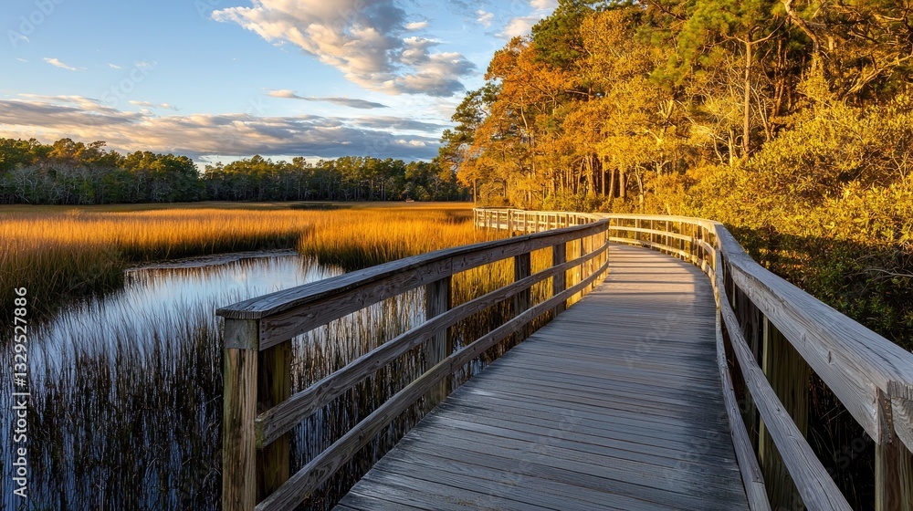 Obraz premium A boardwalk gently curving through a golden-hued marsh, illuminated by the last rays of sunlight, creating a peaceful escape.