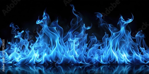 A stunning image of blue flames dancing on a dark black background, with subtle crackling sounds and flickering light, creating an enchanting atmosphere, fire on black background, mystical scene