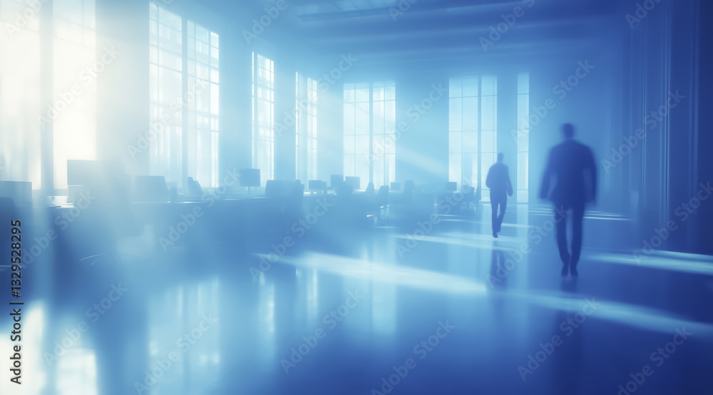 sunlit office space with blurred silhouettes of people walking, creating serene atmosphere. room is filled with natural light streaming through large windows, casting soft shadows on floor sunlit office space with blurred silhouettes of people walking, creating serene atmosphere. room is filled with natural light streaming through large windows, casting soft shadows on floor