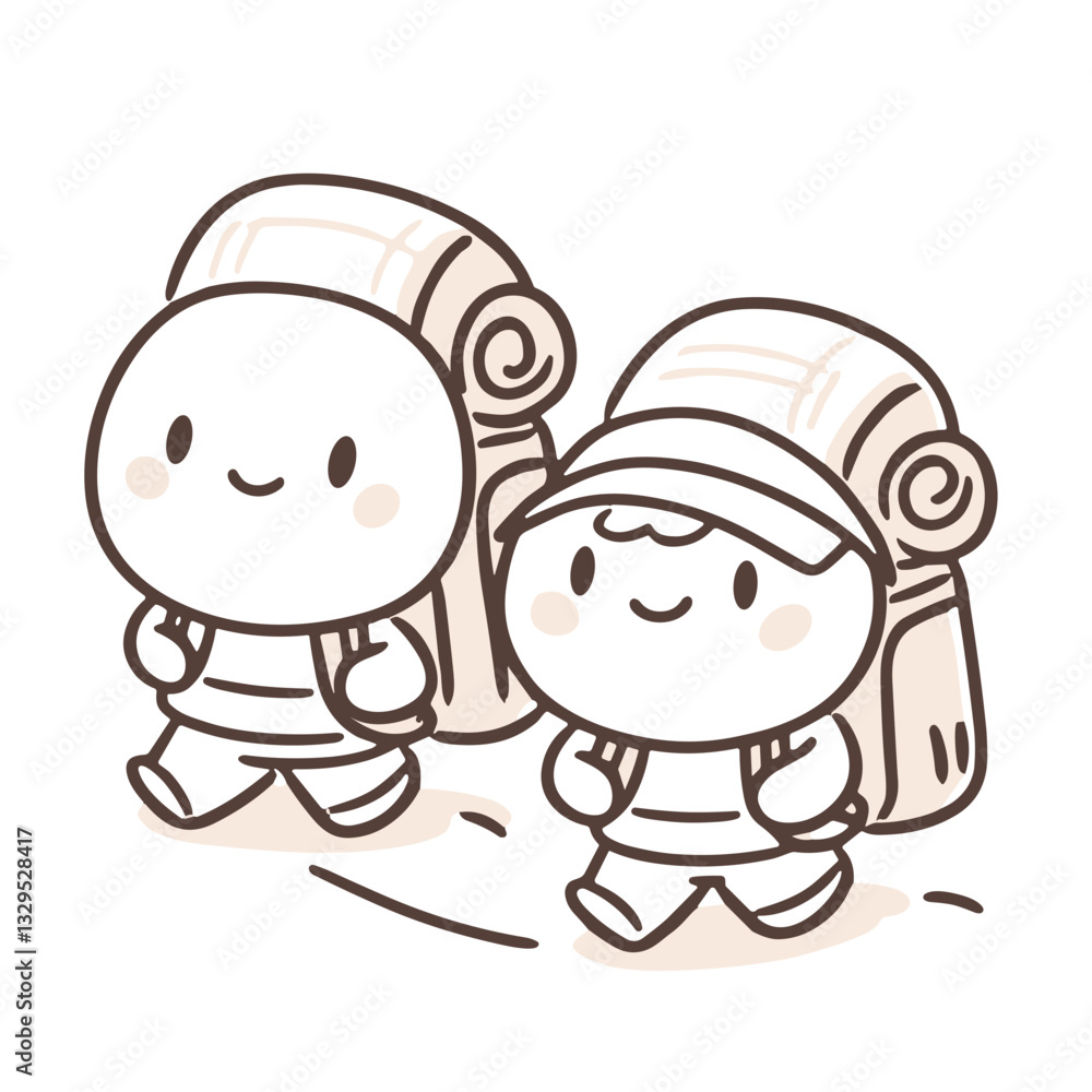 Two cheerful cartoon hikers with backpacks enjoying an adventure in a playful outdoor setting Two cheerful cartoon hikers with backpacks enjoying an adventure in a playful outdoor setting