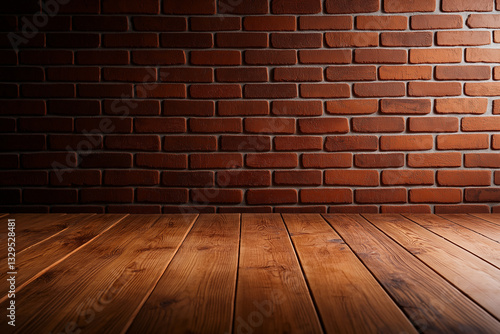 red brick wall with wooden floor creates warm, vintage atmosphere, perfect for interior design or photography. textures and colors evoke sense of rustic charm