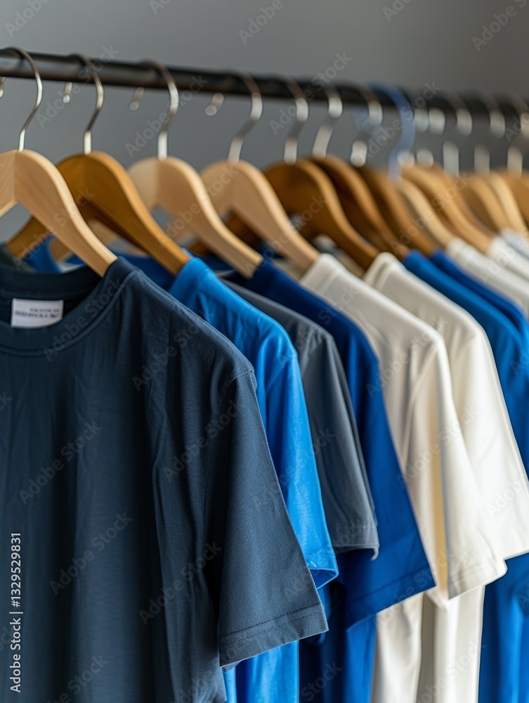 Fototapeta premium casual t shirts in various shades of blue and neutral tones, neatly hanging on wooden hangers. This organized display highlights simplicity and a relaxed, stylish wardrobe.