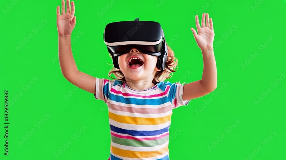 VR Delight: A child experiences virtual reality, their hands raised in excitement, and the vibrant green background amplifies the sense of wonder and technological immersion. VR Delight: A child experiences virtual reality, their hands raised in excitement, and the vibrant green background amplifies the sense of wonder and technological immersion.
