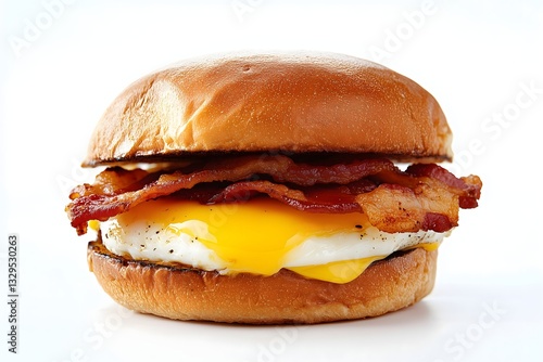 A breakfast burger with bacon, egg and melted cheese in a brioche bun on a white background