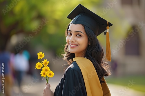 Smiling Graduate Holds Flowers Outdoors Campus